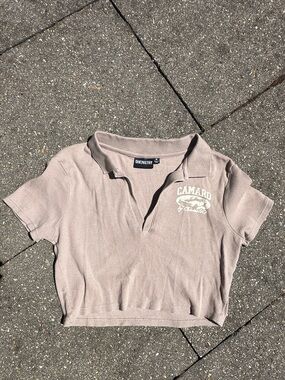 Chemistry Tan Ribbed Cropped Polo Shirt - "Camaro" Graphic - Size M